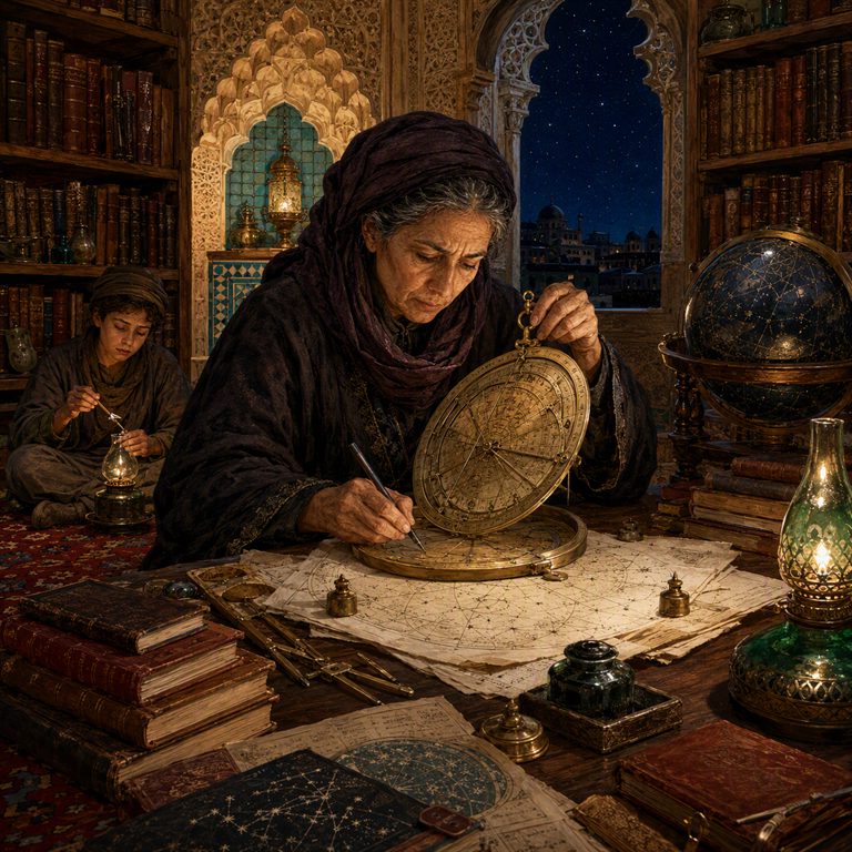 Scholars read and write among tall bookcases as one adjusts an armillary sphere beneath the patterned dome of a richly lit library.