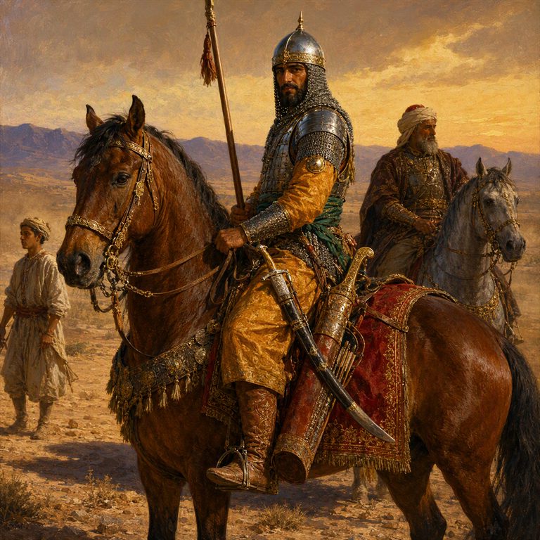 A mounted Mamluk in a pointed helmet holds a lance before two companions, their decorated horses standing on a dry plain at sunset.
