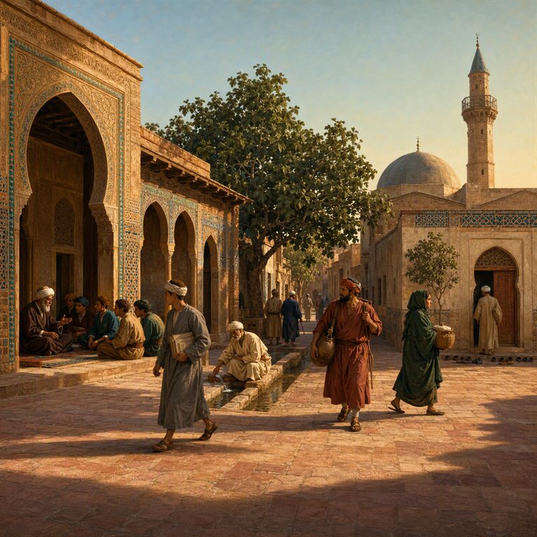 People walk past tiled arcades and a fountain in a sunlit courtyard, where a domed building and slender minaret rise behind the trees.