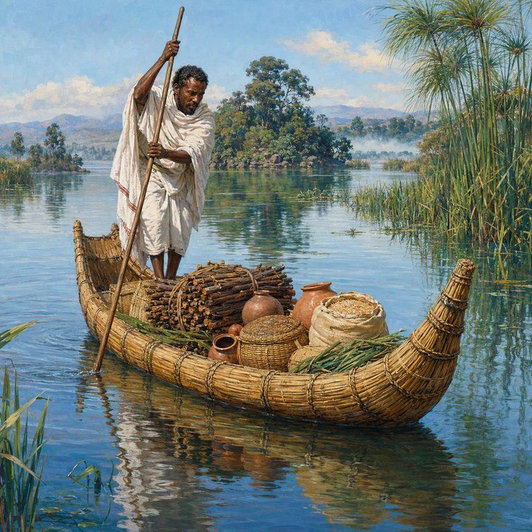 A Tankwa boatman steadies his reed craft at the shore, trade bundles lashed low while the water opens beyond.