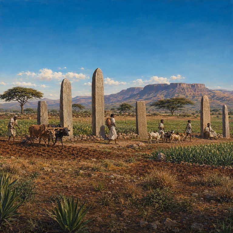 Carved stelae standing along the edge of worked highland fields, an ox team ploughing past them.