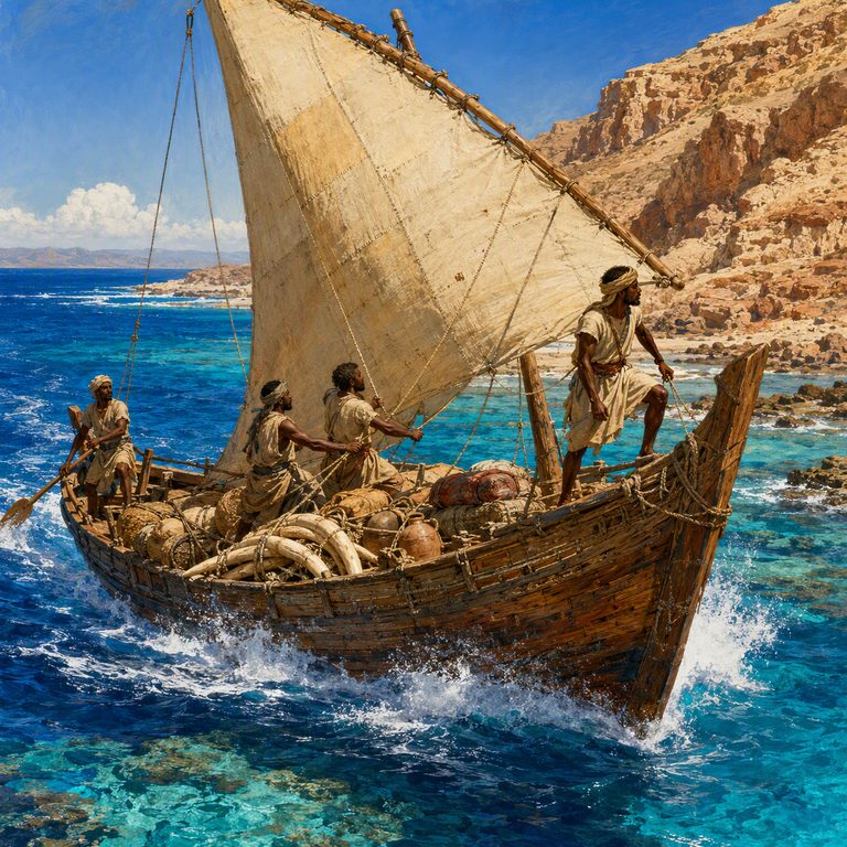 A Dhow cuts across the Red Sea under a pale sail, crew braced along the rail as the port falls away behind.