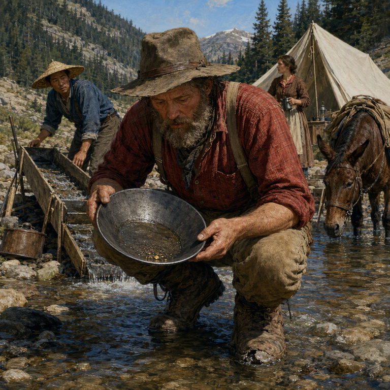 An American prospector examines gold flecks in a pan beside a wooden sluice, while a mule, tent, and mountain mining camp stand behind him.