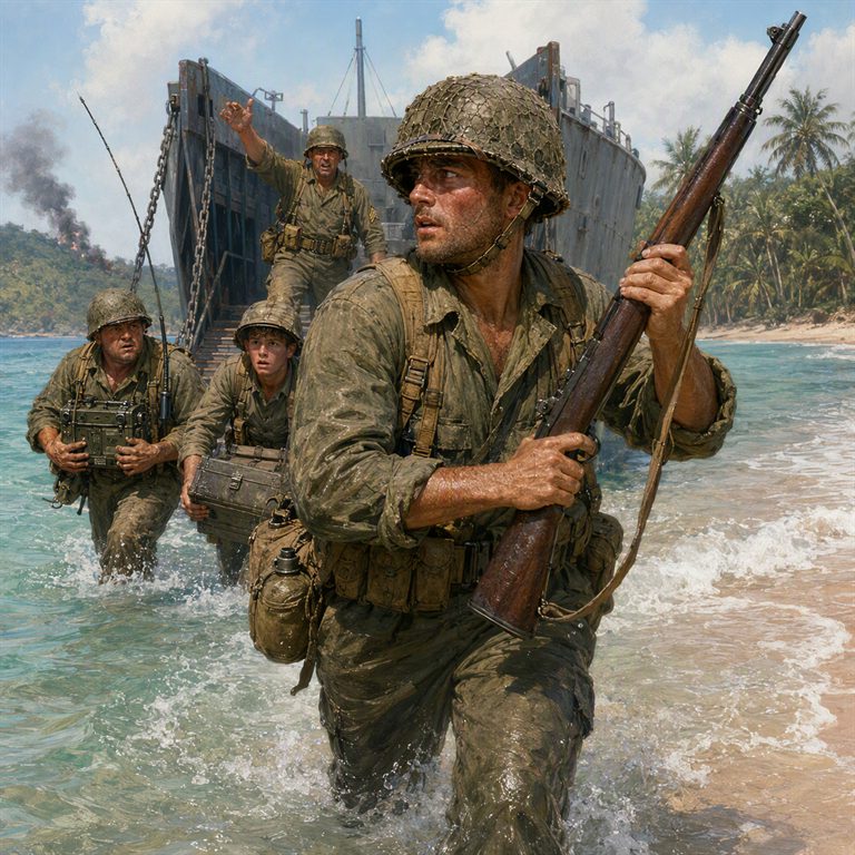 American Marines wade ashore from a landing craft on a tropical beach, carrying rifles and radio gear as waves break around them.