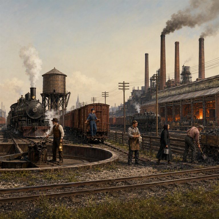 An industrial park fills the rail district with locomotives, workers and tall smokestacks, factory roofs receding through the warm haze.