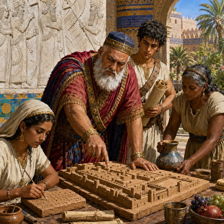 A Turtanu directs workers over a clay model of the city, with tablets, scrolls and carved reliefs around the planning table.