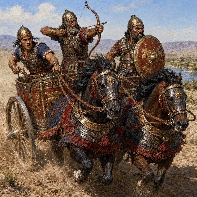 A Magarru horseman wheels past the walls with bow raised, dust trailing behind the chariot road and watchtowers.