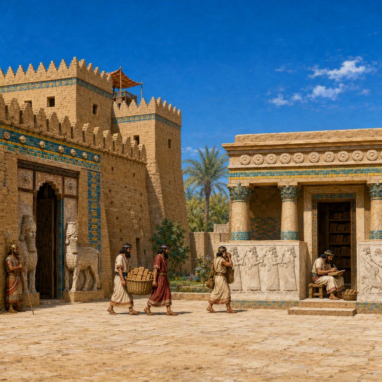 Scribes carry a basket of clay tablets between the citadel gate and the library hall.