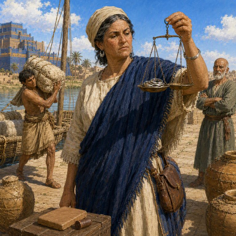 A Tamkāru merchant weighs silver at the river quay while a scribe records the exchange and a porter waits among sealed jars.