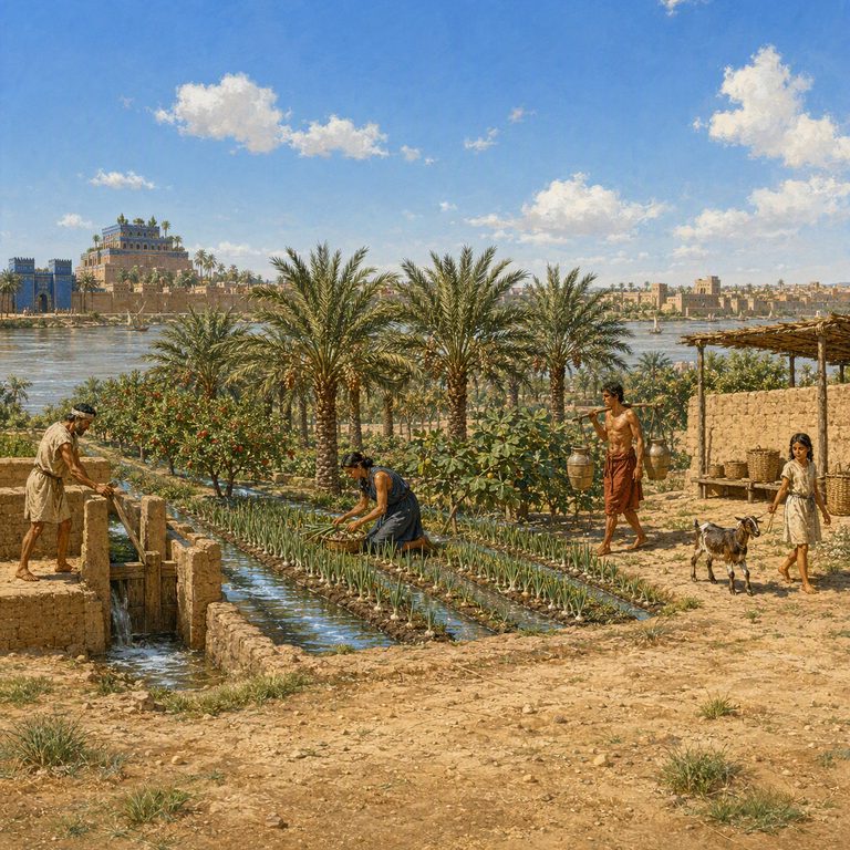 Gardeners tend date palms and irrigated beds inside a walled riverside orchard, where channels carry water from a timber sluice.