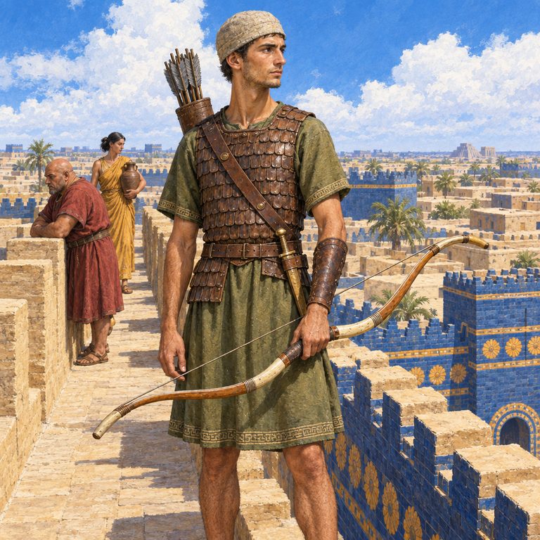 A young Qašti archer stands ready with a composite bow on a glazed-brick rampart while Babylon’s towers and river plain stretch behind him.