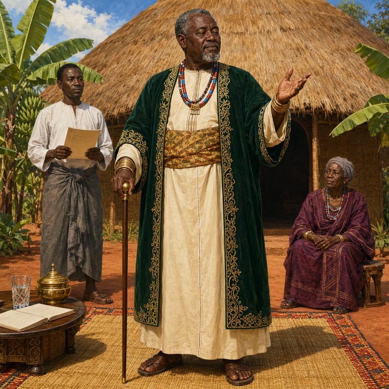 A Bugandan Mwami in an embroidered green robe gestures with a cane before a thatched house, accompanied by a paper-holding attendant and seated woman.
