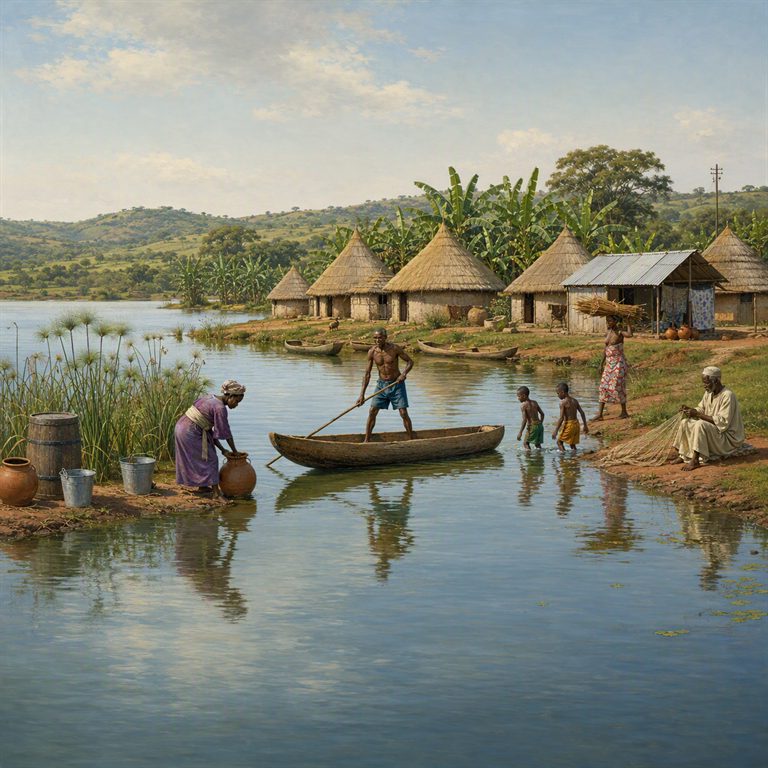 Kabaka's Lake lies beside thatched homes and banana plants as a man poles a canoe while neighbors wash, mend a net, and carry water jars.