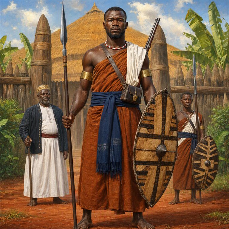 A Bugandan Abambowa stands at the palisade with spear, rifle and tall shield, while an elder and a second shield-bearing guard stand behind him.