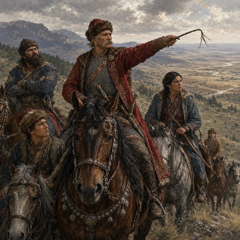 A Tarkhan leads mounted riders along the mountain road, pointing toward the pass as the valley opens behind the column.