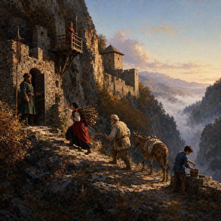 A mountain fortress clings to a wooded cliff, its stone walls and watchtower overlooking a narrow pass in the mist.