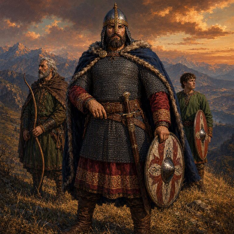 A heavily armored Bolyar stands at the front of three armed men, holding a painted round shield as snow-capped mountains fill the distance.