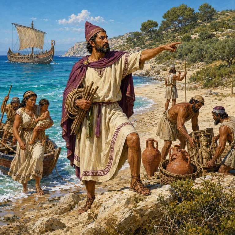 A Colonist directs families and porters along the shore, with amphorae, boats and the walled harbor waiting behind them.