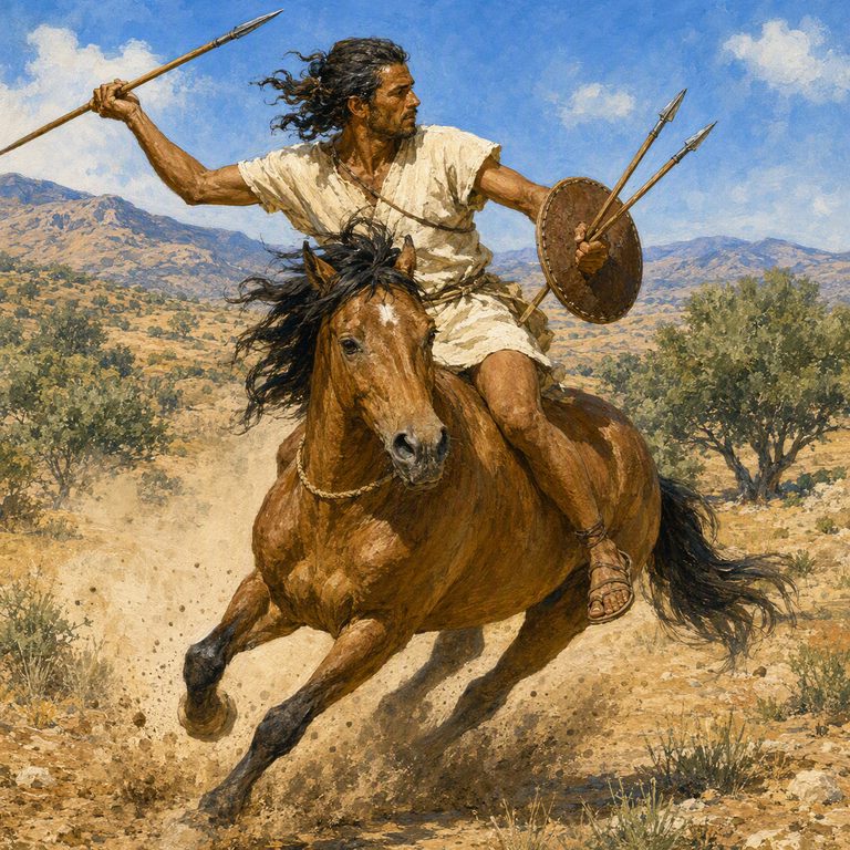 A Numidian cavalry rider reins in on the coast road, horse alert while ships and city walls sit in the haze behind.