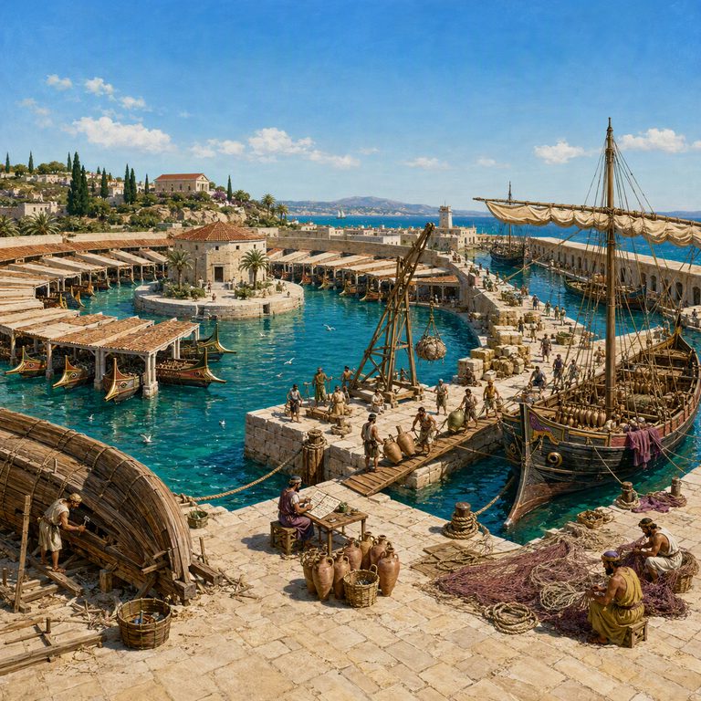 Stevedores roll amphorae along the quay beside the circular naval basin and its ship-sheds.