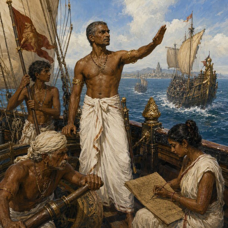 An Ottru officer signals from the bow while a navigator studies the route, with a line of Chola ships crossing the trade sea.