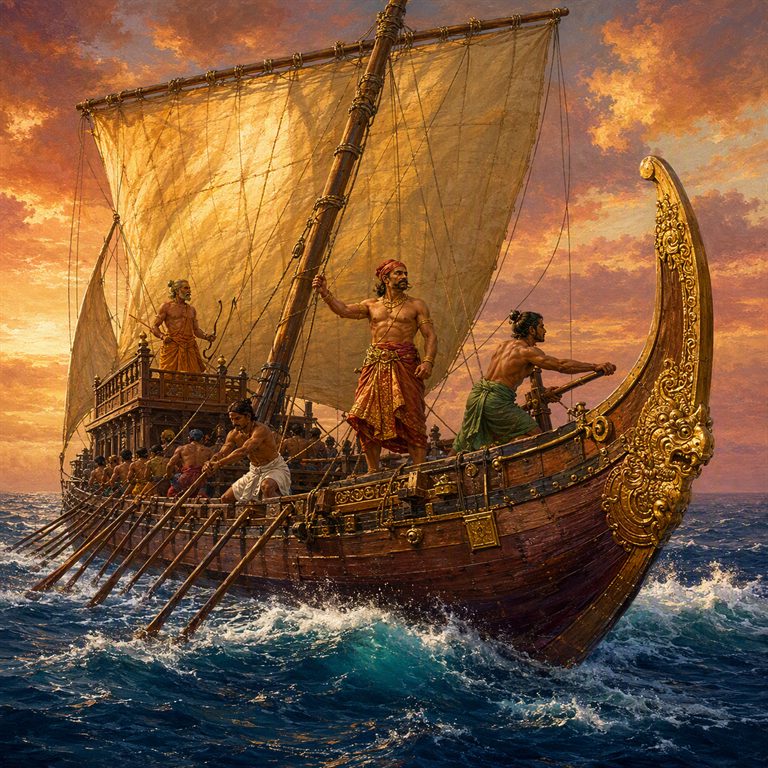 A richly carved Kalam charges through choppy water beneath a broad sail, as oarsmen pull at the side and crew members brace on deck.