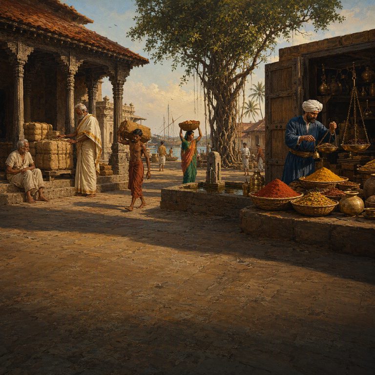 Guild merchants and sailors work beside the Chola harbor, weighing cargo under the shore pavilion while ships ride beyond.