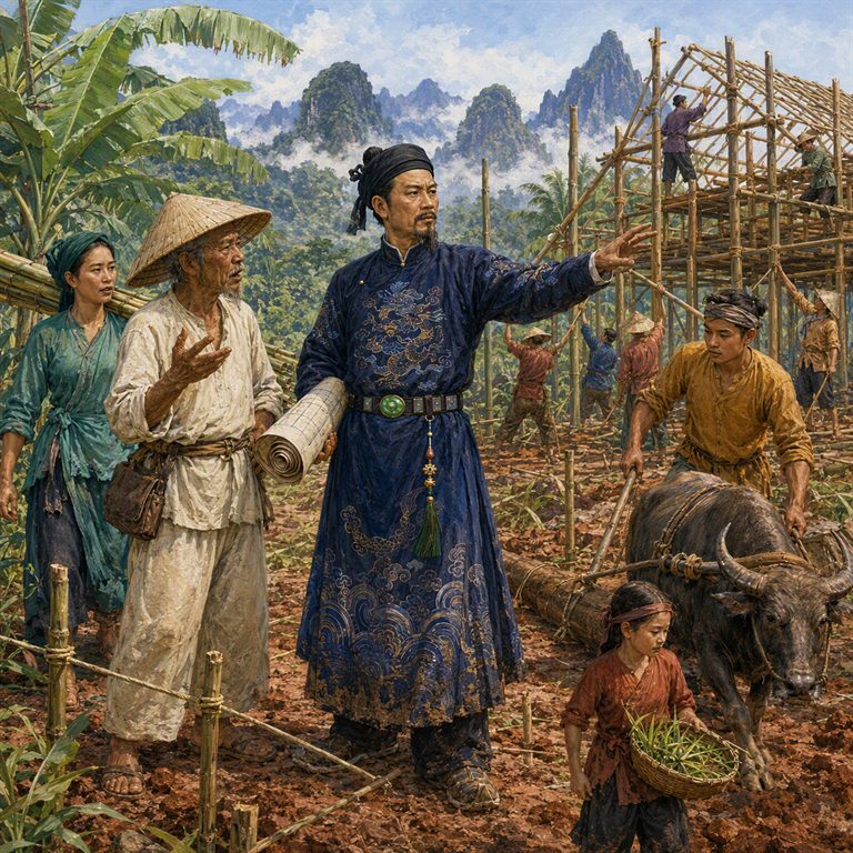 A richly dressed Quận Vương points across a bamboo building frame as workers, a water buffalo, and villagers occupy the tropical clearing.