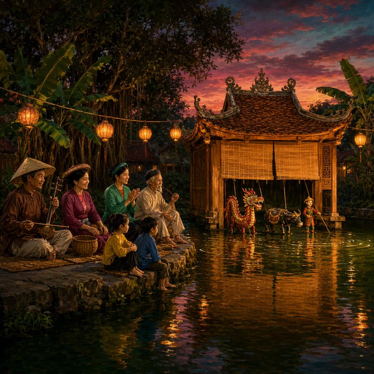 Water puppets rise from the flooded stage as musicians play behind the screen, lanterns glowing along the riverbank.