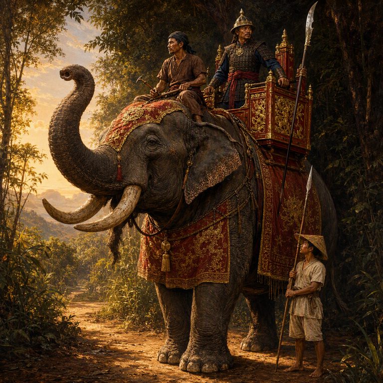 A richly caparisoned Voi Chiến carries two armed riders through a forest path, while a foot soldier keeps pace beside its tusks.