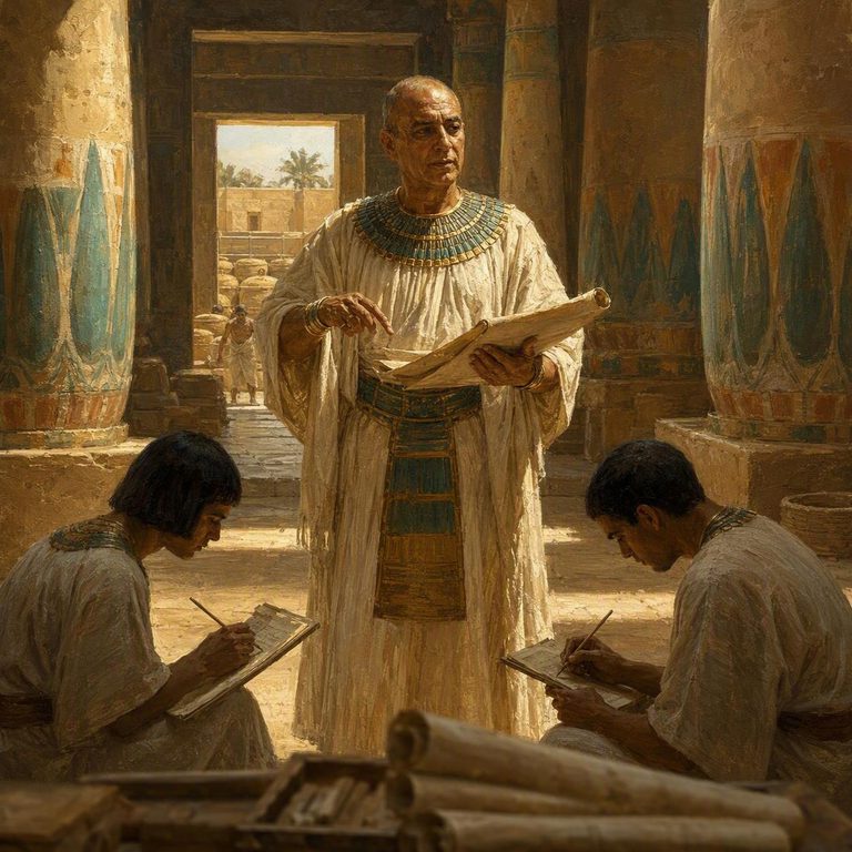 A Tjaty stands with writing case and attendants at a temple doorway, receiving petitions under painted columns.