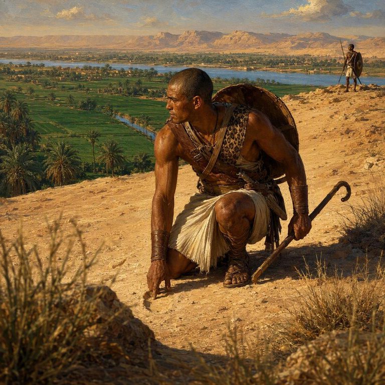 A Medjay guard holds the desert edge near the settlement, watching the track while the river-green fields recede behind him.