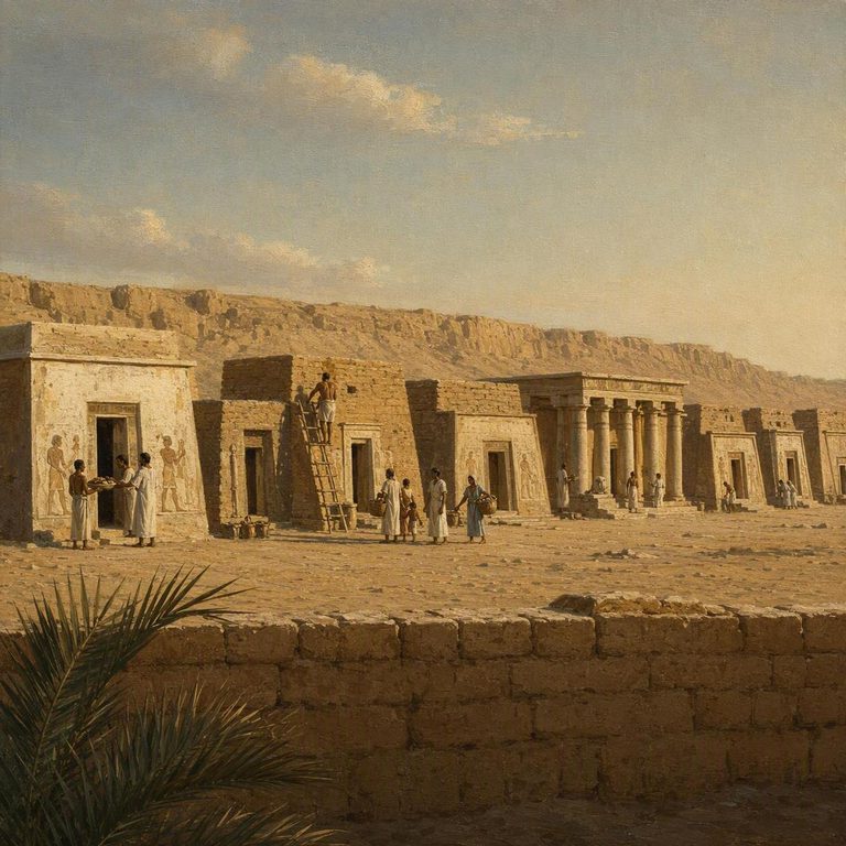 People move among the low mastabas and painted chambers, with a ladder and small work crews marking the quiet desert settlement.