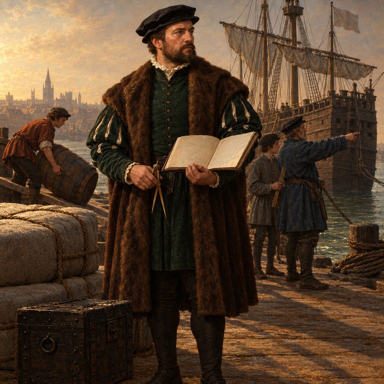 A Merchant Adventurer holds an open ledger at a busy quay as porters move broadcloth bales beside a carrack in the evening light.