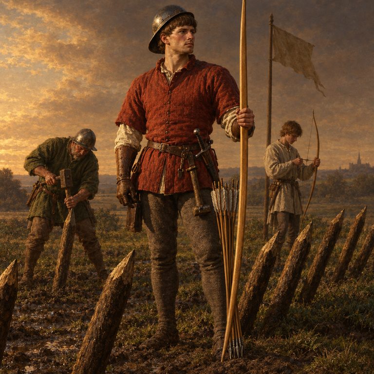 A Longbow archer stands behind sharpened stakes with his yew bow and arrows ready while two companions prepare the defensive line.