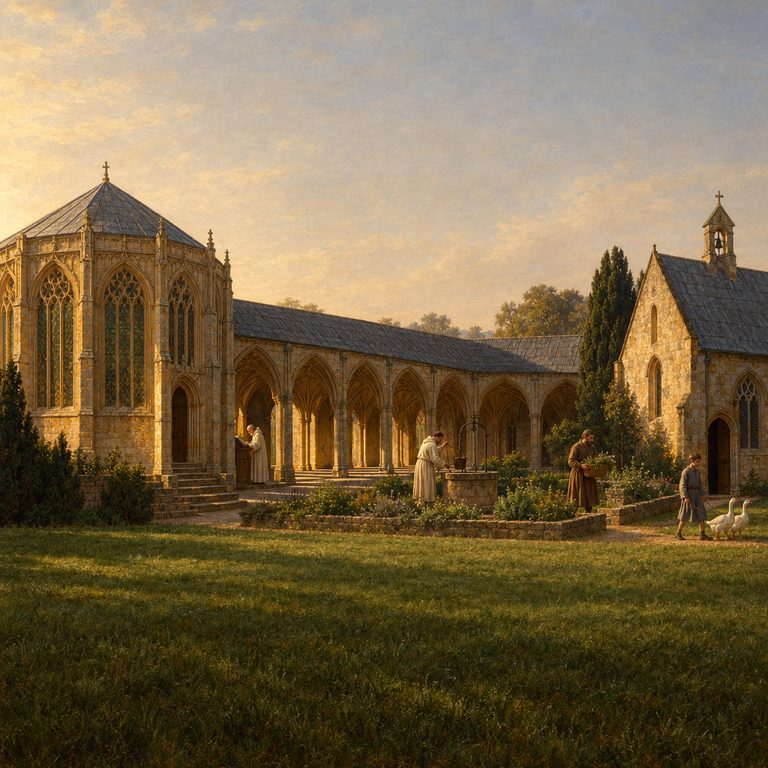 Monks and visitors cross an abbey cloister between the octagonal chapter house and chapel, warm light catching the carved stone vaults.