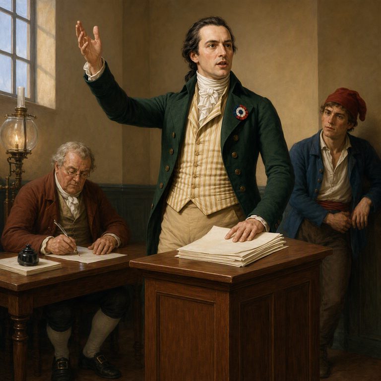 A Jacobin addresses a small room from a wooden lectern, with papers under his hand, a clerk writing beside an oil lamp, and a listener behind.