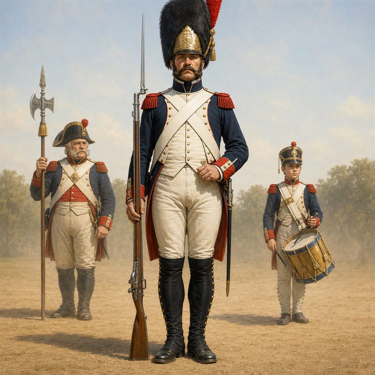 A Garde Impériale soldier in a bearskin hat stands with a rifle and bayonet, flanked by an officer carrying a polearm and a drummer.