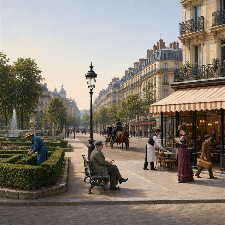 A Parisian avenue runs between clipped gardens, ornate facades and gas lamps as pedestrians and carriages move toward the boulevard.