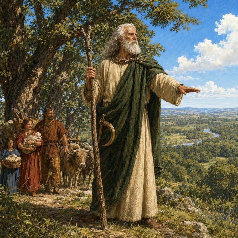 A Druid gestures from an oak grove toward the open valley below as a settler family waits beside their loaded cart.