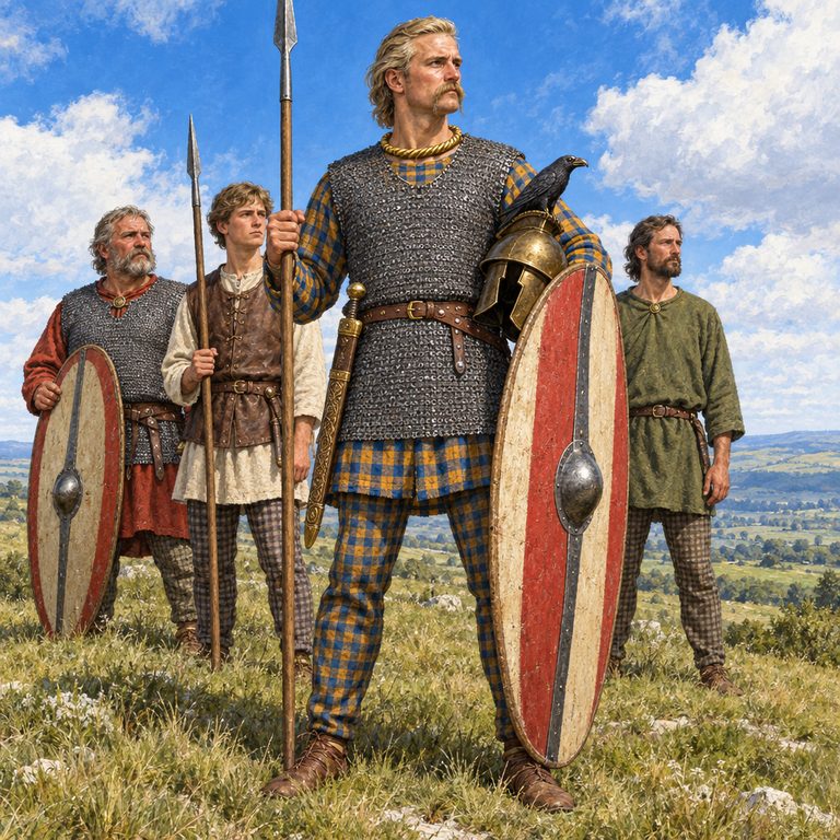 A mail-clad Gaisatai warrior advances with spear, torc and oval shield while three companions hold the wooded ridge behind him.