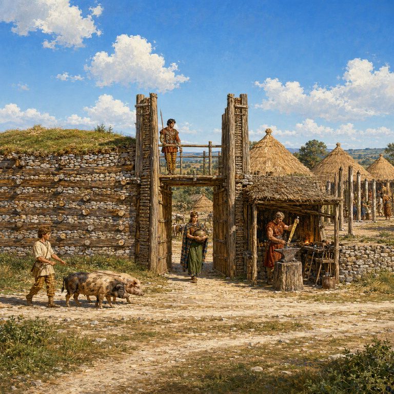 People move through the fortified Dūnon between roundhouses and a smithy, its timber-laced wall guarding the narrow pincer gate.