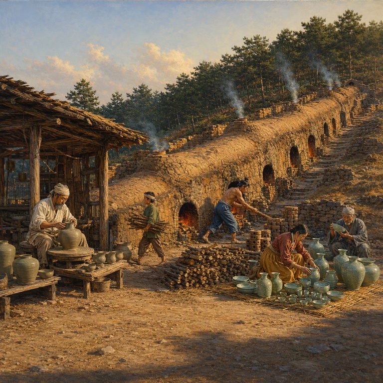 Celadon vessels line the Goryeo kiln as smoke rises through the trees, with workers and a storehouse beyond the path.