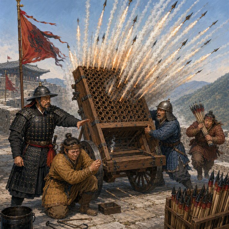 A Hwacha launches a dense volley of flaming rocket arrows from a stone rampart as armored crewmen steady the wheeled launcher.