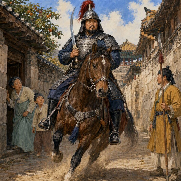 A Tobang rider in lamellar armor gallops through a narrow stone street, while a woman, child, and spear-bearing guard look on.