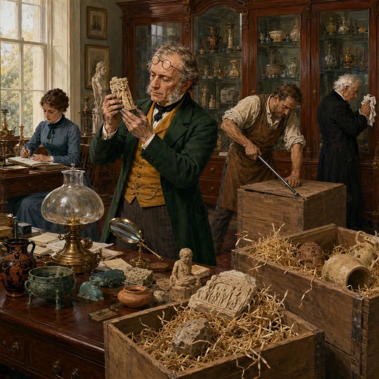 An Antiquarian examines a carved specimen in a crowded collection room while shelves, instruments and fellow scholars fill the background.