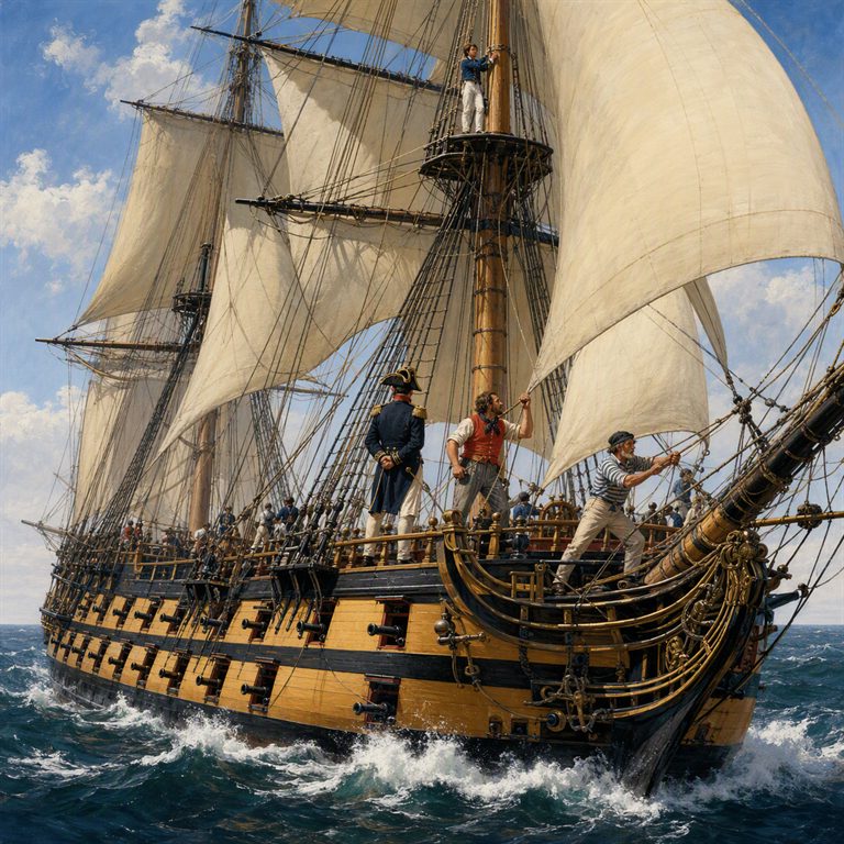 The British ship Revenge heels beneath full sail, its gun deck and rigging bright against the open sea and a high bank of cloud.