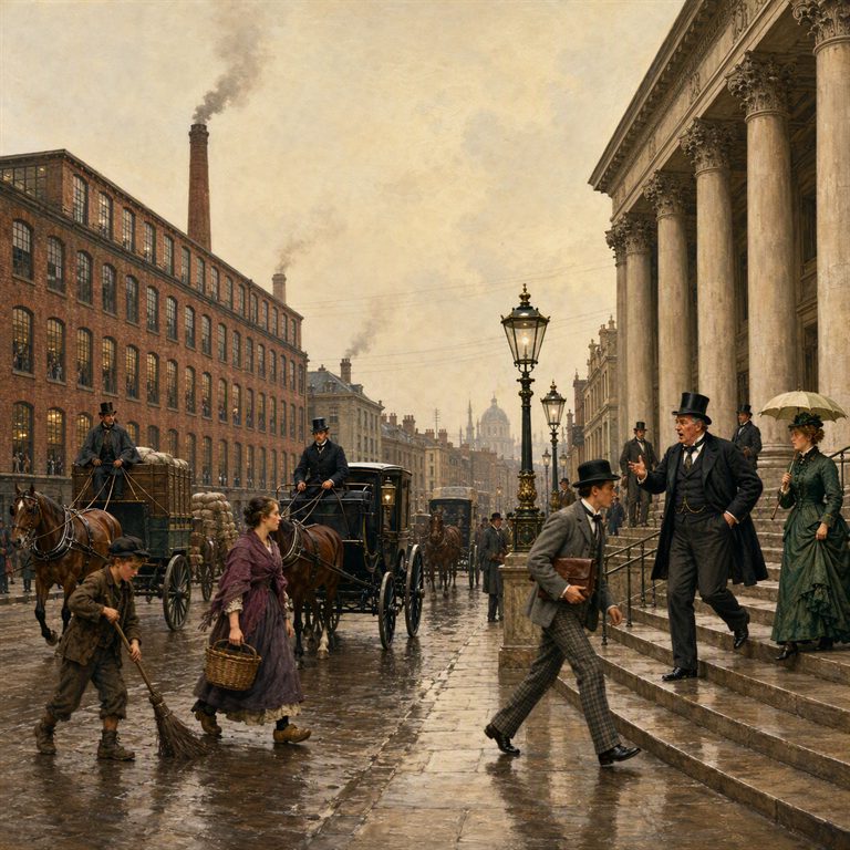 A financial centre street combines a grand columned building with brick industrial blocks, horse carts, gas lamps, and pedestrians on rain-wet pavement.