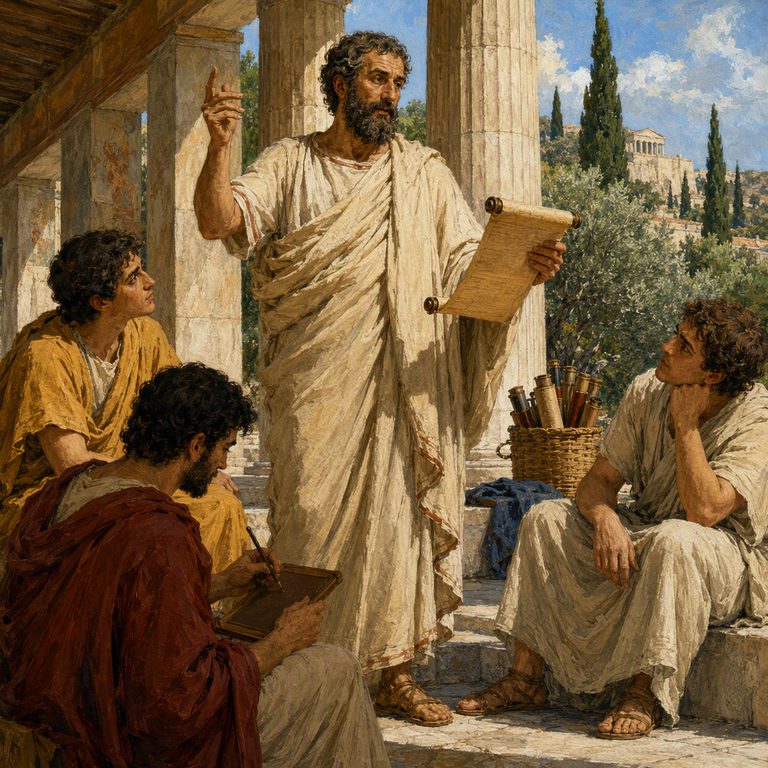 A Logios reads from a scroll to students on the steps, the city’s white columns bright behind the shaded lesson.