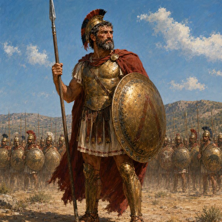 A single Hoplite anchors the line with shield and spear while the formation gathers behind him in the dusty pass.